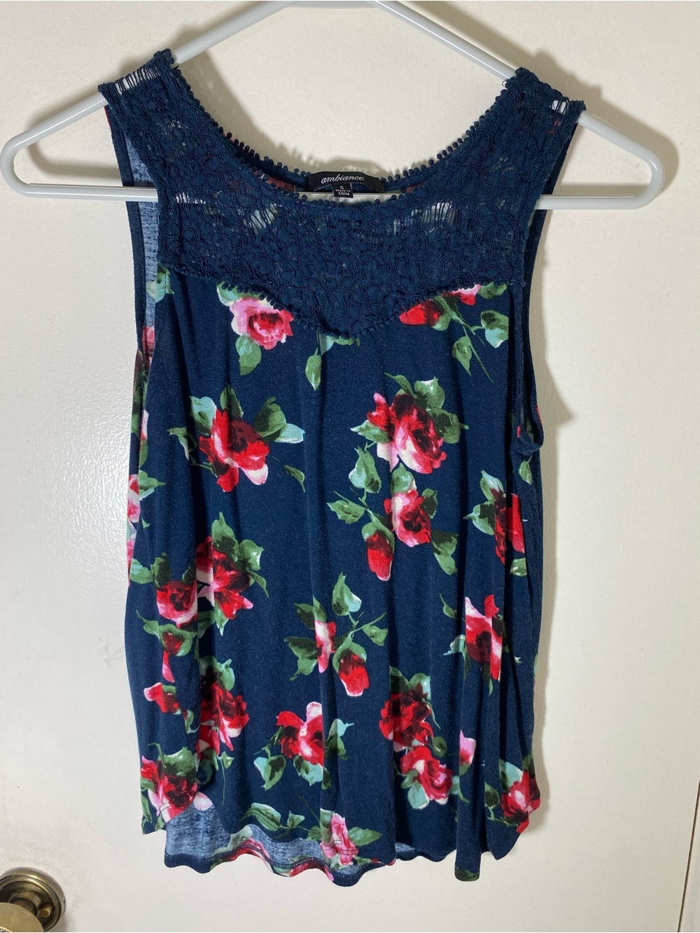Ambiance Navy Floral Crochet Yoke Tank
